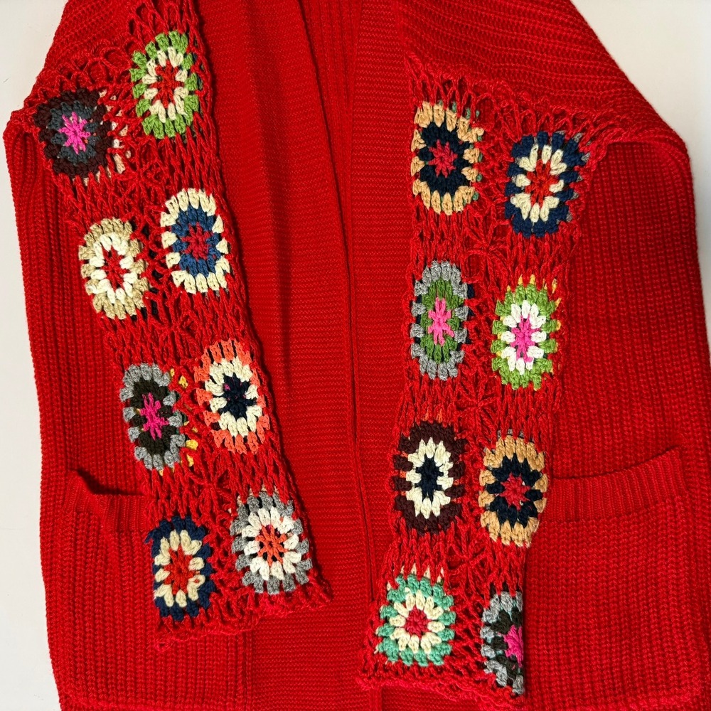 Blakeley Red Crochet Granny Square Sleeve Open Front Cardigan Sweater OS Womens - Picture 7 of 16